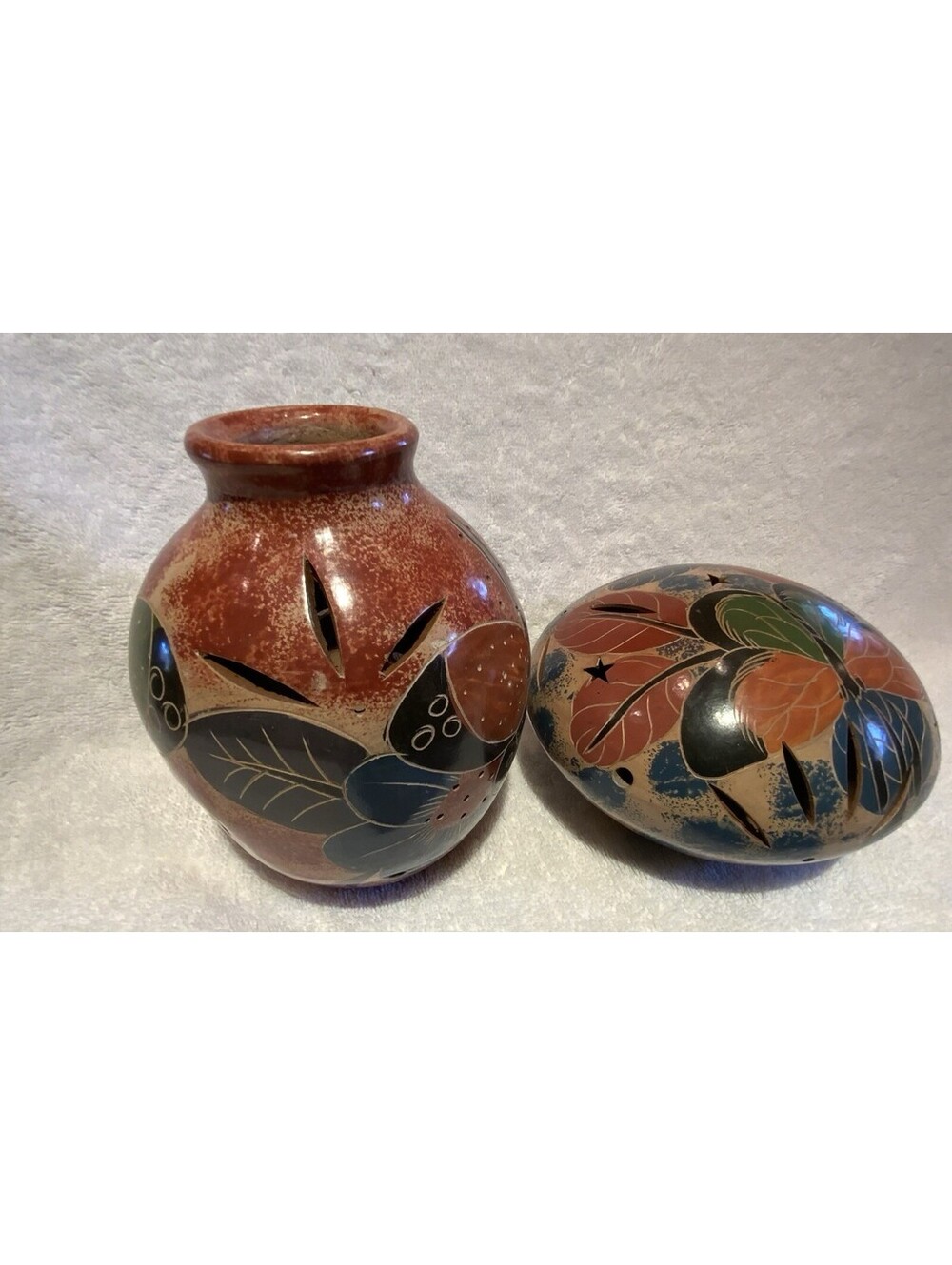 Nicaraguan Handmade Hand Painted Hand Carved Pottery Luminary’s - Set Of Two